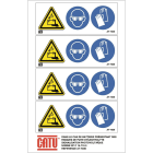 Catu - Planche de 4 étiquettes autocol. "Danger batt, Lunettes, Gants"  110 x 42 mm.