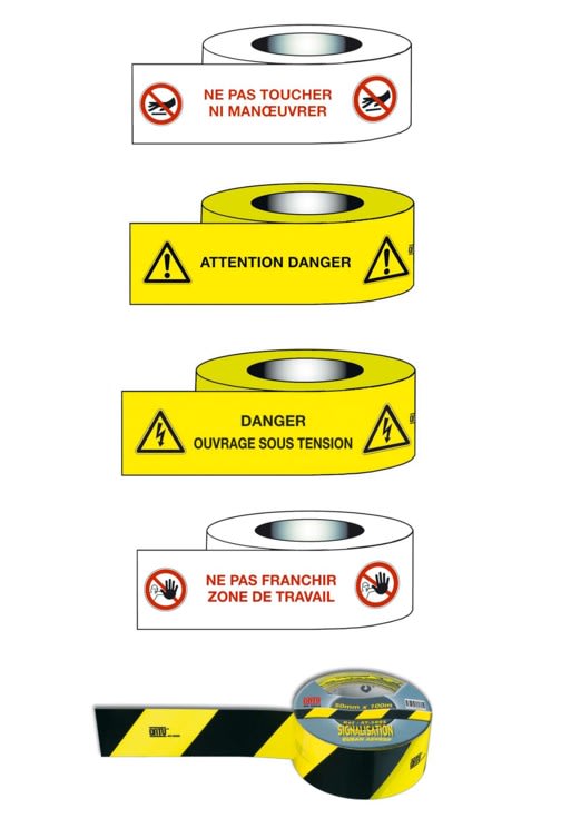 Catu - Ruban adhésif jaune et noir bandes diagonales 100 x 50 mm.