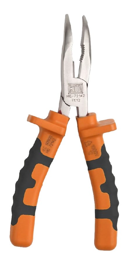 Catu - Pince à becs coudés isolée bi-matière. Longueur 160 mm. Coupe Ø 1 à 2,5 mm acier