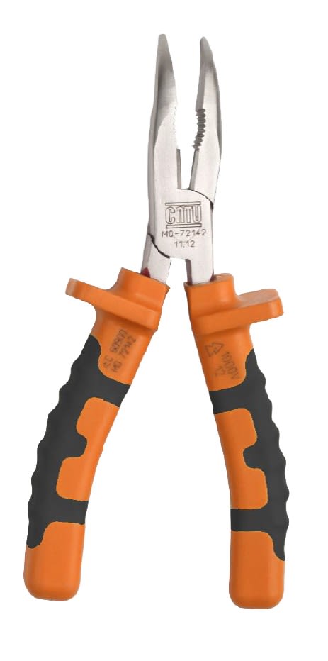 Catu - Pince à becs coudés isolée bi-matière. Longueur 160 mm. Coupe Ø 1 à 2,5 mm acier