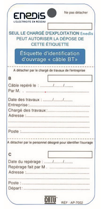 Catu - Etiquette PVC d?identification d'ouvrage Enedis 75 x 170 mm.