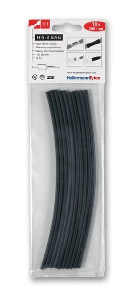 Hellermanntyton - Gaine thermorétractable  HIS-3-BAG 3/1-BK, 10 longueur de 200mm en sachet