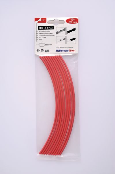Hellermanntyton - Gaine thermorétractable  HIS-3-BAG 3/1, rouge, 10 longueur de 200mm en sachet