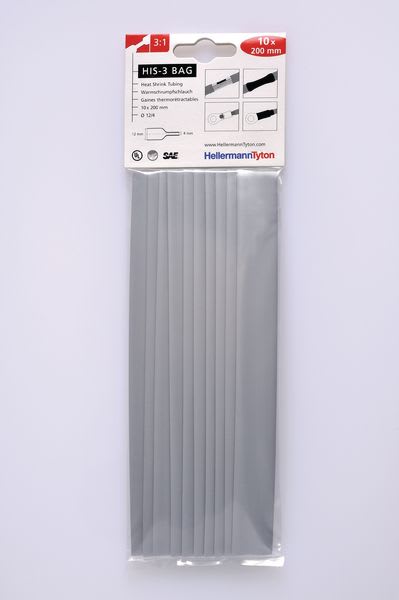 Hellermanntyton - Gaine thermorétractable  HIS-3-BAG 12/4, grise, 10 longueur de 200mm en sachet