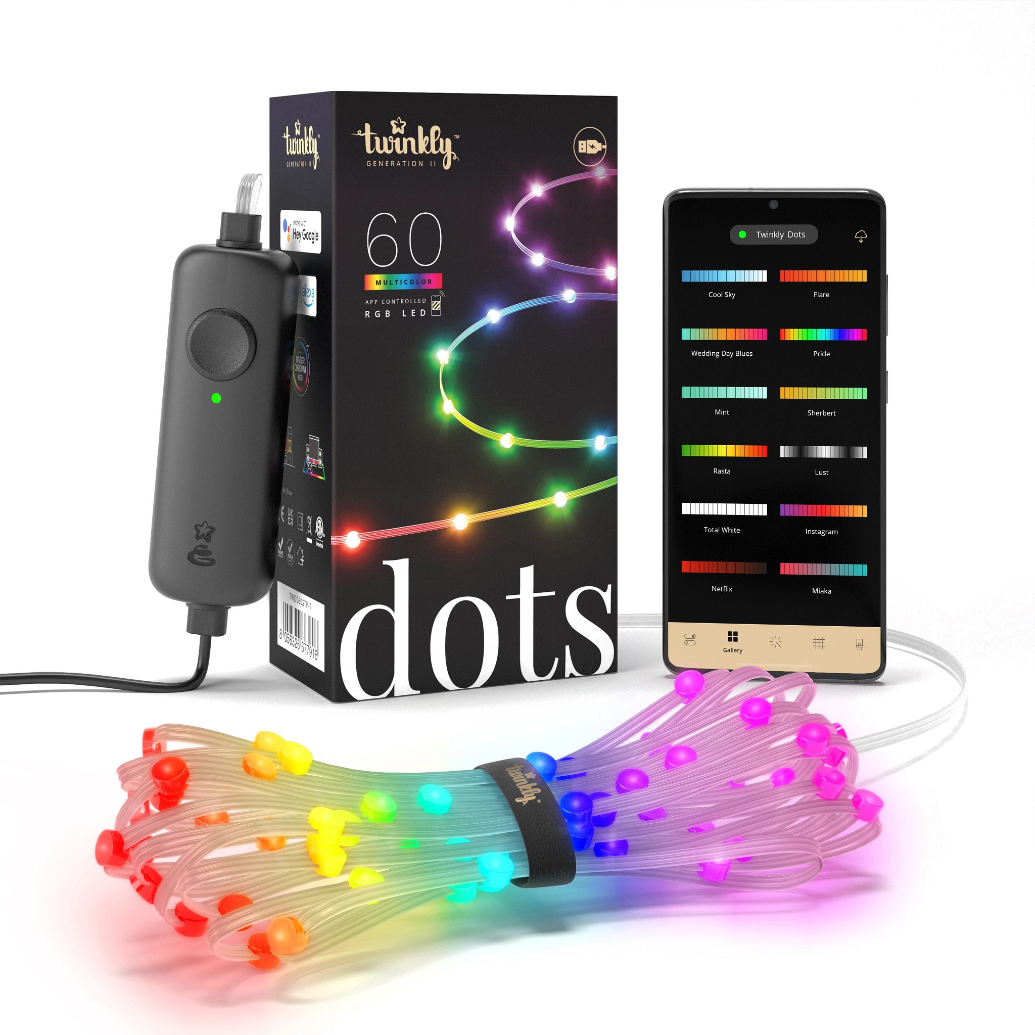 Twinkly - Guirlande flexible Dots 60 LEDS RGB avec controleur BT-WIFI alimente, 3m, transp