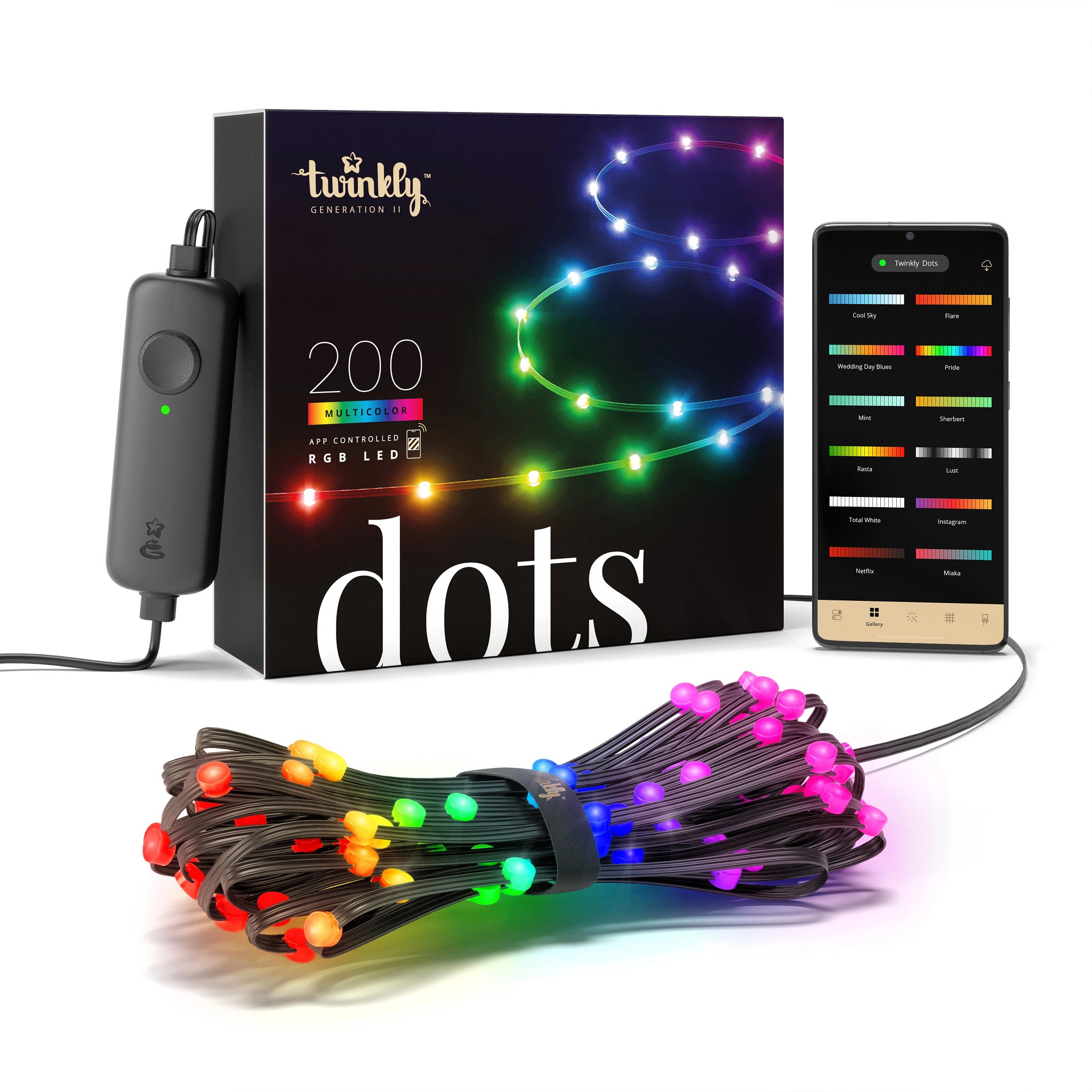 Twinkly - Guirlande flexible Dots 200 LEDS RGB avec controleur BT-WIFI alimente, 10m, noir