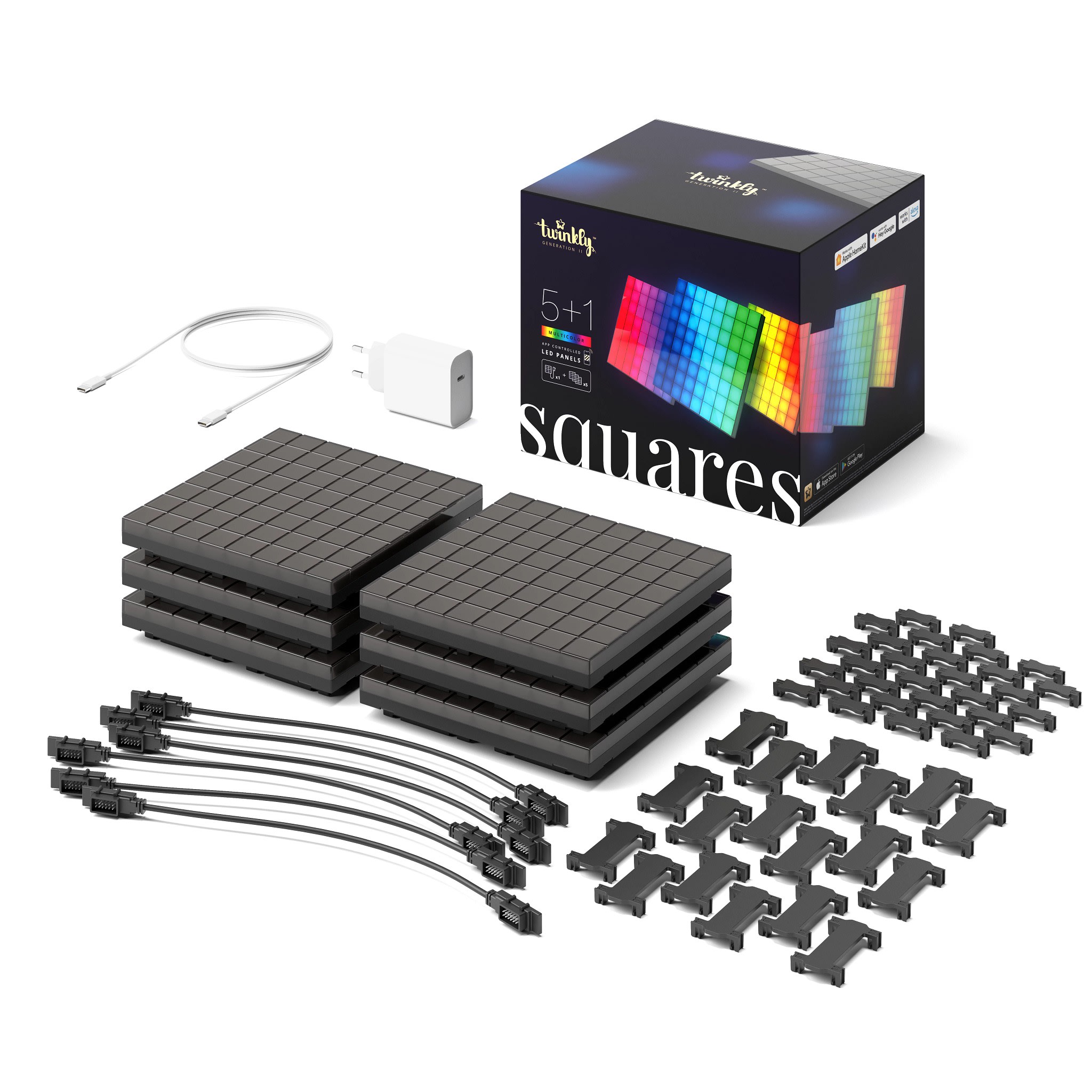 Twinkly - 1 Square Master+5 Squares ext,64RGB Pixels,16x16 cm, BT+WiFi, adapt USB-C fourni