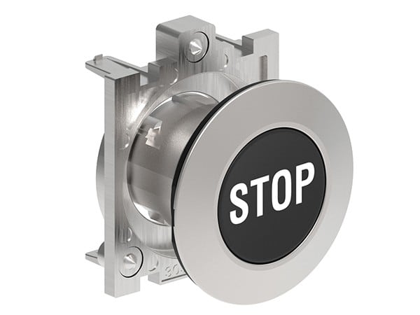 LOVATO ELECTRIC - BOUTON POUSSOIR AFFLEURANT A IMPULSION SERIE PLATINUM METAL Ø30mm NOIR "STOP"