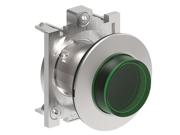 LOVATO ELECTRIC - BOUTON POUSSOIR LUMINEUX DEPASSANT A IMPULSION SERIE PLAT. FLAT METAL Ø30mm VERT