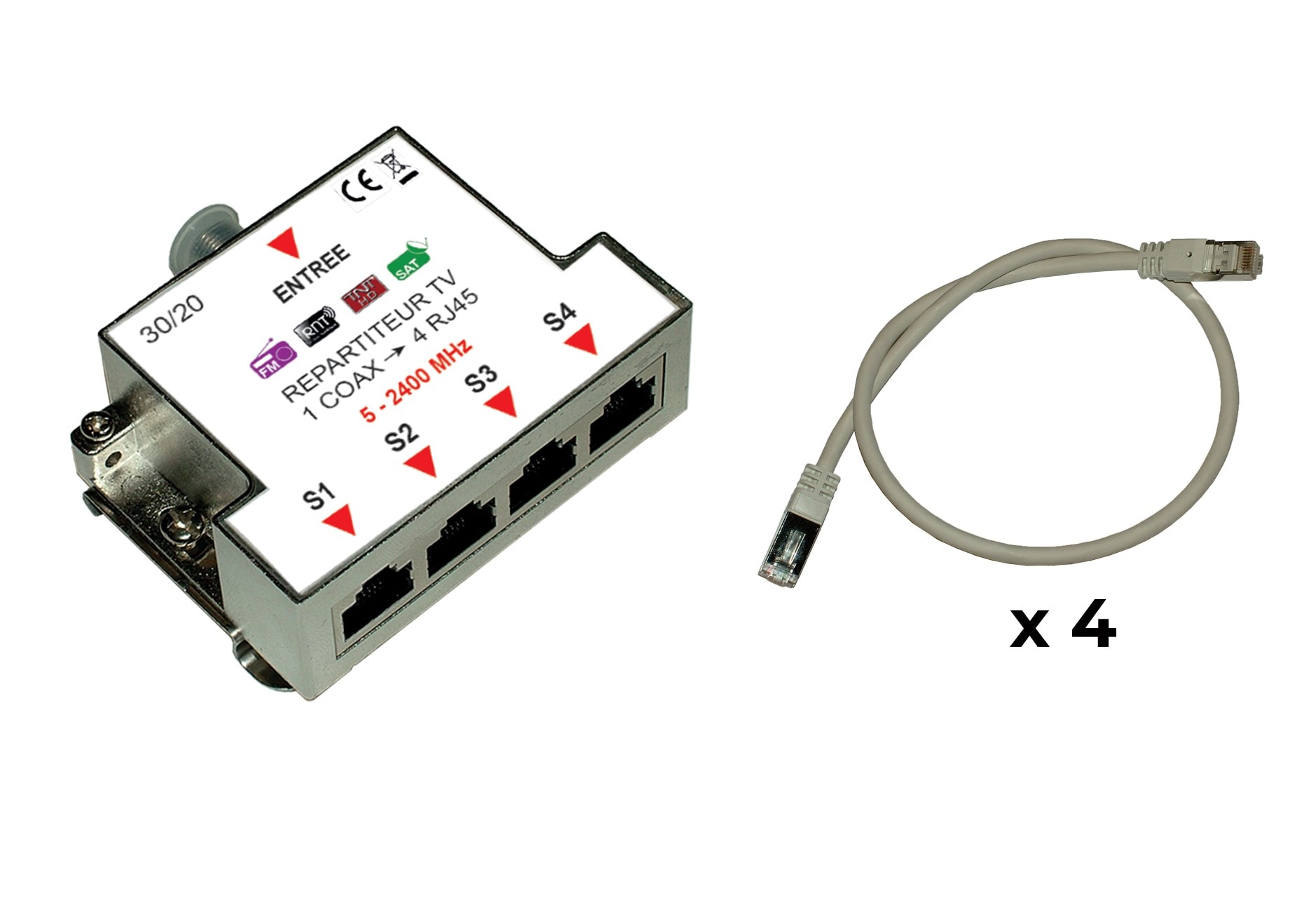 Decelect Forgos - KIT Repartiteur TV passif 1entree coax Sup a 4 sorties RJ45+4 CORDONs Cat6A 0.3m