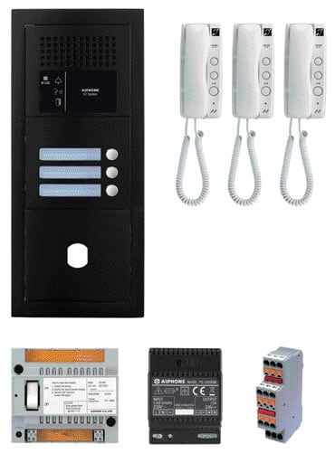 Aiphone - Pack audio 3 BP, programmé, encastré, alim. & 3 x GT1D, finition noire satin