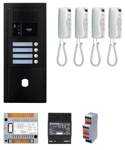 Aiphone - Pack audio 4 BP, programmé, encastré, alim. & 4 x GT1D, finition noire satin