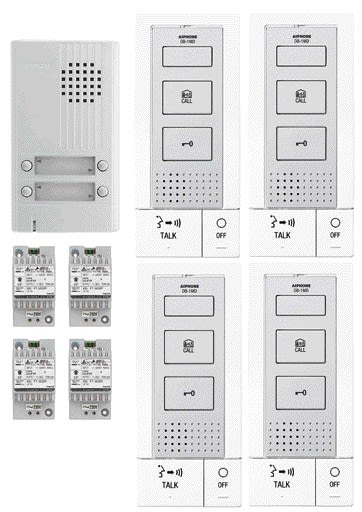 Aiphone - Kit audio 4 BP, 4 postes m. libres et 4 alim. (DA4DS+4xDB1MD+4xPT1211DR), 2 fils