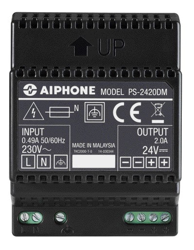 Aiphone - Alimentation modulaire 230 Vac / 24 Vcc - 2 A, fixation rail DIN 4 modules