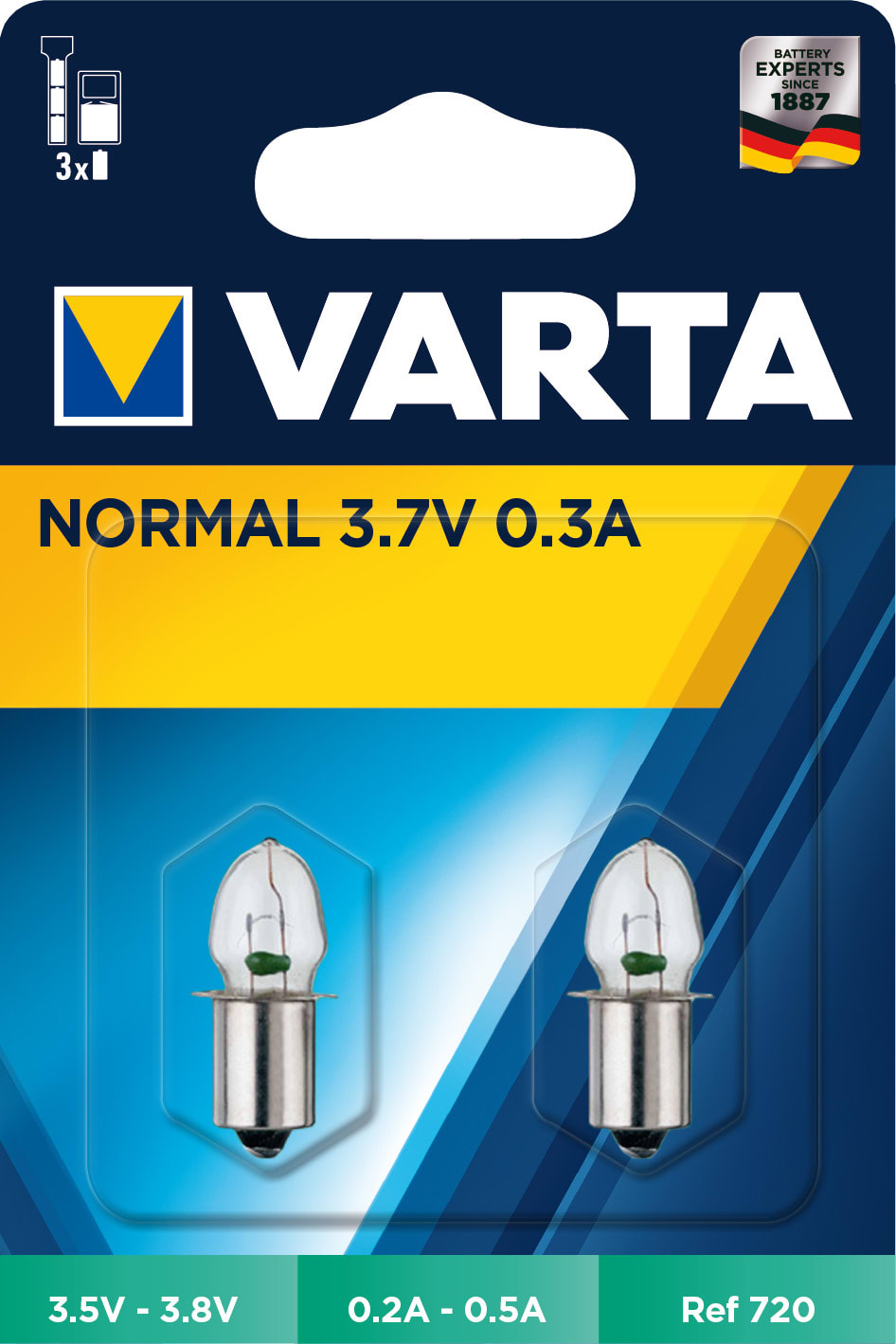 Varta - Ampoule Normale à culot lisse - 3,7 V - 0,30 A. Blister x2