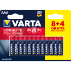 Varta - Pile Alcaline LONGLIFE MAX POWER LR03-AAA. Blister x8+4 gratuites