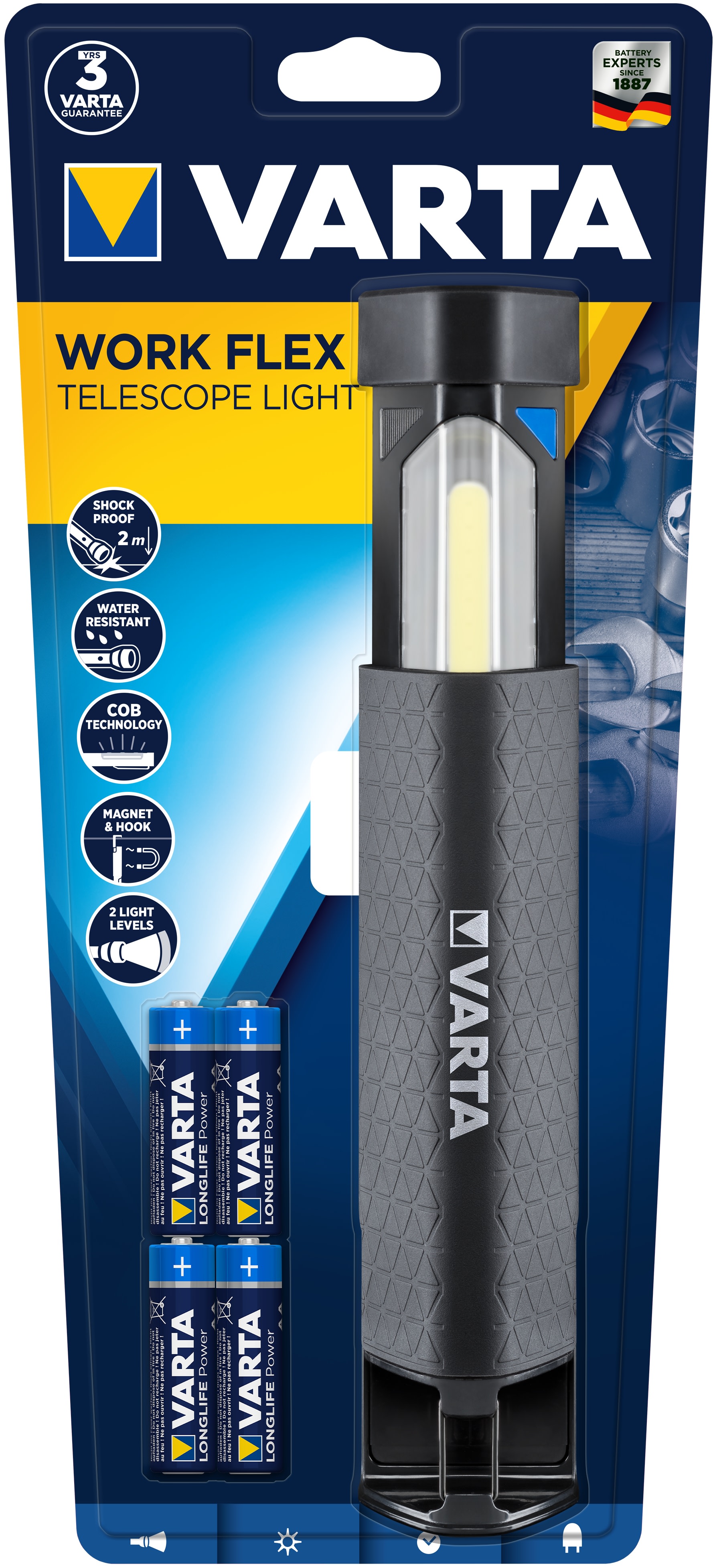 Varta - WORK FLEX TELESCOPE LIGHT - LED COB AREA 5W(à rayonnement) 4AA incluses