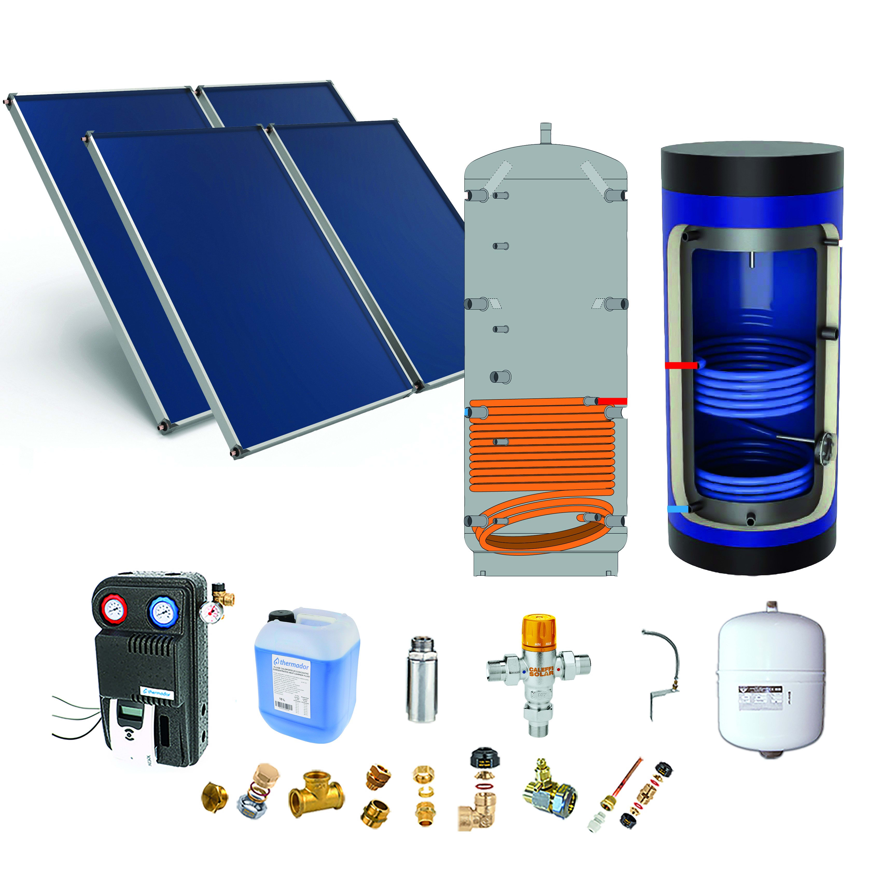 Thermador - Pack F-SSC dble ballon-ECS 200L chauf. 300L-4pann.-fix. toit. plate+ access.