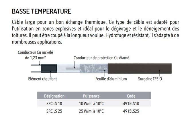 Tresco - Cable autoregulant SRC LS 25 AU M - 25 W-ml a 10C - degivrage deneig toitures