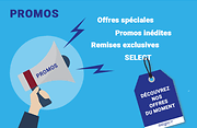 Visuel promotionnel avec un mégaphone et des étiquettes pour des offres spéciales et des remises exclusives