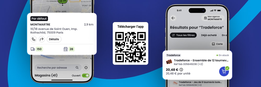 Application montrant l'interface utilisateur sur un smartphone et QR Code au centre pour le téléchargement