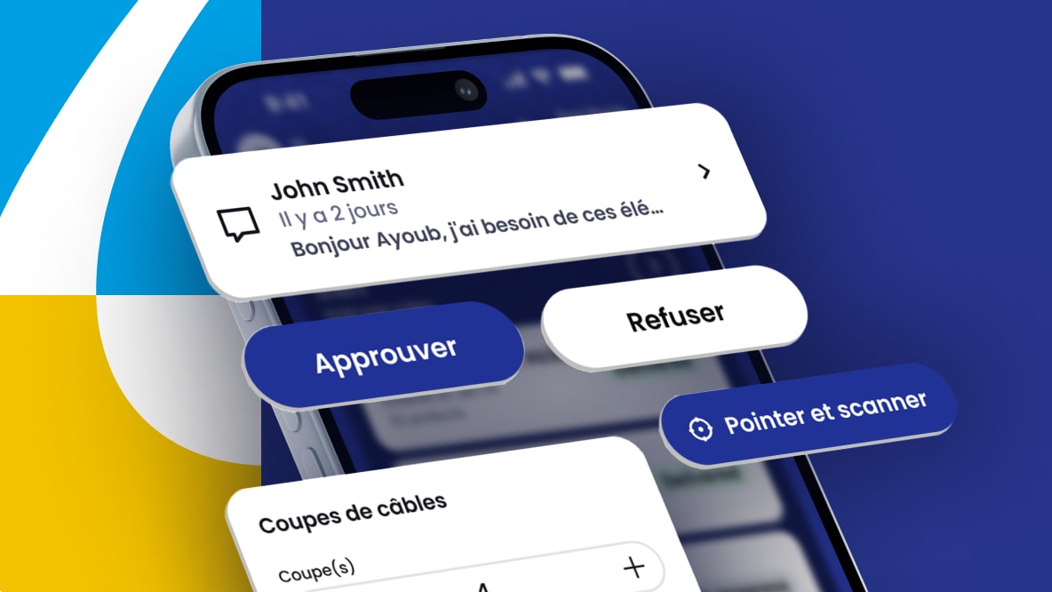 Image montrant l'interface utilisateur de l'application Sonepar sur un smartphone avec QR Code au centre pour le téléchargement