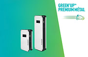 Des bornes green'up premium métal sur fond bleu et vers avec le logo Green'up premium métal