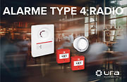 Produits de la gamme Alarme type 4 de URA présenté devant un fond mettant en scène un restaurant