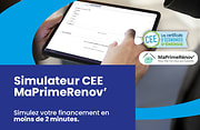 une main effectuant le simulateur CEE sur le site Sonepar sur une tablette