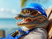Un crocodile souriant et équipé d'une salopette de travail avec des outils, d'un casque Sonepar et de lunettes de chantier