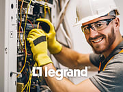 électricien qui intervient dans un tableau électrique avec logo Legrand