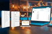 un ordinateur sur une table avec l'aperçu du logiciel XLPro 4 et des visuels de coffrets électrique