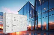 Immeuble en arrière plan avec visuels de coffrets électriques devant
