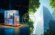 image avec un bâtiment entouré de verdure à droite et un visuel représentant des bâtiments dans des écrans à gauche