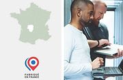 Visuel avec à droite deux hommes qui travaillent sur un ordinateur et à gauche une carte de la France